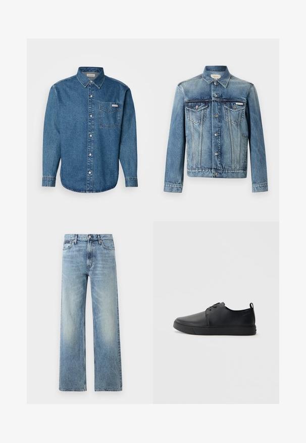 Sinine teksajope, ees nööpidega kinni, kaks rinnataskut klapiga, pikad varrukad ja Calvin Kleini logo vasakul taskul.; Sinine denim'ist pikkade varrukatega särk, millel on nööbid alla, rinnaeet ja kontrastne õmblus. Kanga tekstuur on sile ja stiil on juhuslik.; Hele sinise värviga sirge säärega teksapüksid kõrge vöökohaga, viie taskuga, nööpidega kinnitatavad ja õrnade plekidega reite ja põlvede piirkonnas.; Mustaläik nahast spordijalatsid siledaga viimistlusega, ümarate varvastega, sama tooni õmblustega, nööbid ees, ja lamedate kummist tallaga. Kannas aas.