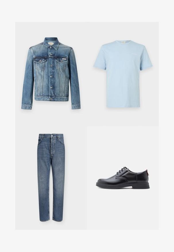 Blaue Jeansjacke mit Knopfleiste, zwei Brustklappentaschen, langen Ärmeln und Calvin Klein Logo auf der linken Tasche.; Hellblaues T-Shirt mit kurzen Ärmeln und Rundhalsausschnitt, mit kleinem weißen "Calvin Klein"-Logo auf der linken Brust.; Gerade geschnittene blaue Jeans aus Denim mit hoher Taille, Frontknopfverschluss und Fünf-Taschen-Design auf einem schlichten hellen Hintergrund.; Schwarze Leder-Schnürschuhe mit glatter Textur, rundem Zehenbereich und dezenten Ziernähten. Mit einem roten Laschenband an der Ferse.