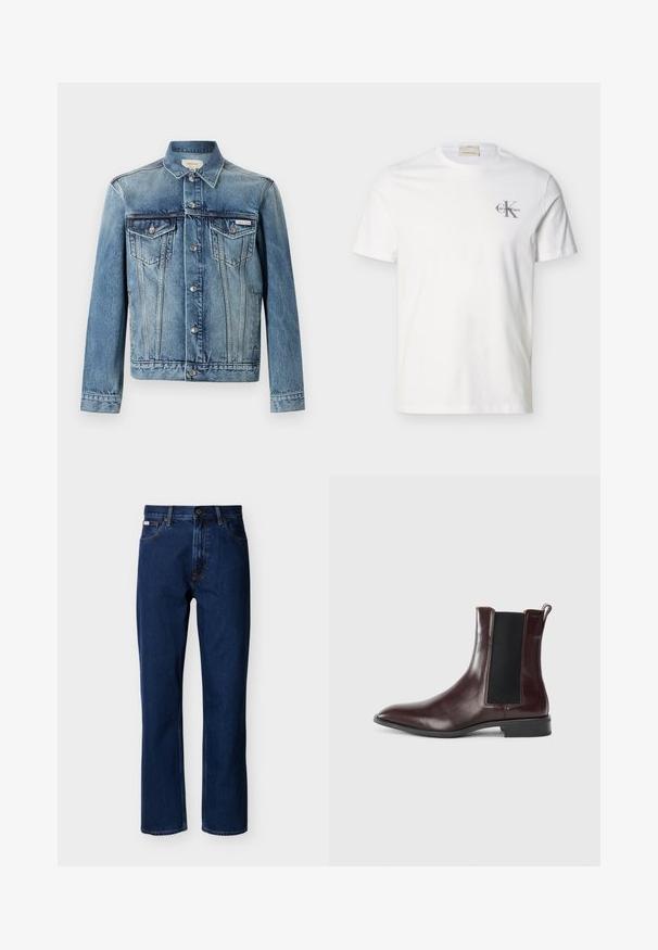 Modrá rifľová bunda na gombíky, dve náprsné vrecká s chlopňou, dlhé rukávy a logo Calvin Klein na ľavom vrecku.; Biele krátke tričko z bavlny s malým sivým logom "Calvin Klein" na ľavej strane hrude, okrúhly výstrih a pravidelný strih.; Tmavomodré rifle s priamym strihom vyrobené z denimu, s klasickým päťvreckovým dizajnom, jemným prešívaním a zapínaním na predné gombíky.; Hnedé kožené Chelsea čižmy s elastickými bočnými panelmi, špicatou špičkou a hladkou textúrou. Čierny základ a jemné prešívanie.