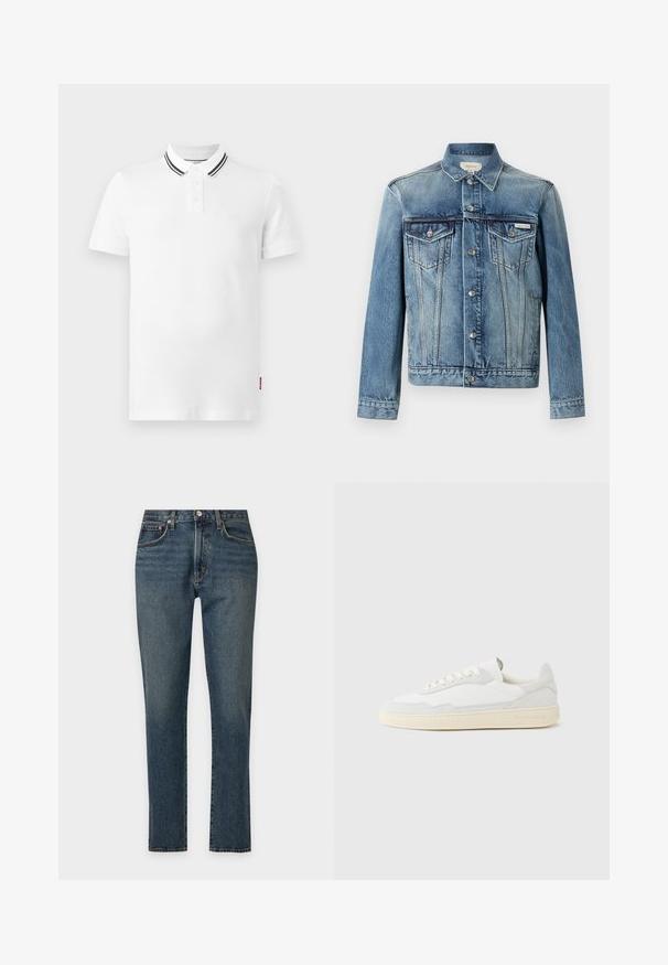 Veste en jean bleue avec fermeture à boutons, deux poches poitrine à rabat, manches longues et logo Calvin Klein sur la poche gauche.; Polo blanc à manches courtes avec patte à deux boutons et double rayures noires sur le col, présenté sur un fond gris clair.; Jean bleu droit en denim avec une coupe classique à cinq poches et une fermeture par bouton sur un fond clair uni.; Baskets blanches avec dessus en daim et cuir texturé. Caractérisées par un bout arrondi, une fermeture à lacets et une semelle en caoutchouc beige contrastante.