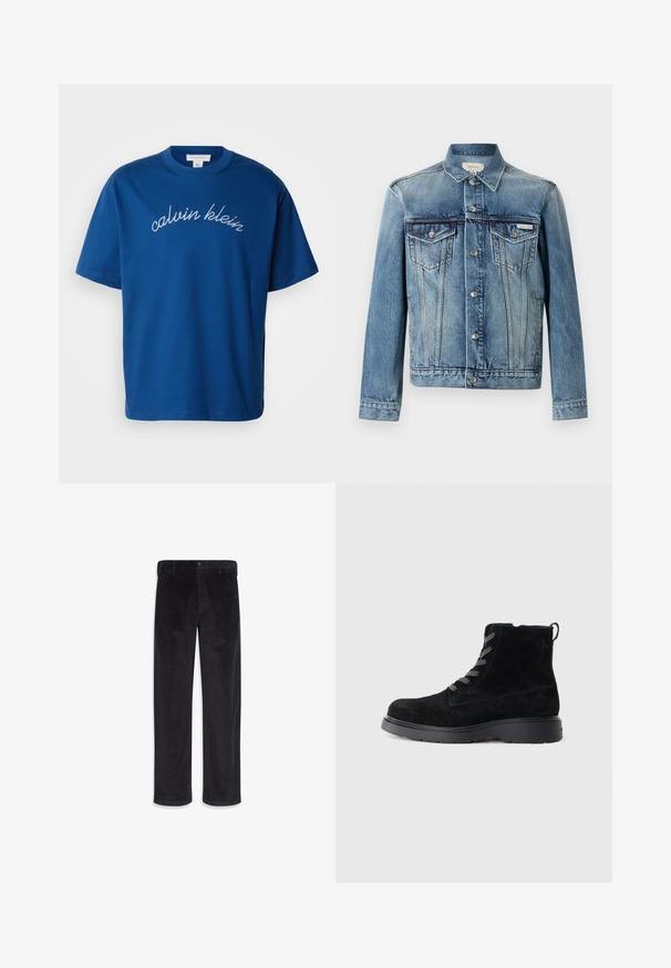 Modrá rifľová bunda na gombíky, dve náprsné vrecká s chlopňou, dlhé rukávy a logo Calvin Klein na ľavom vrecku.; Modrá bavlnená tričko s okrúhlym výstrihom a krátkymi rukávmi, s elegantne vyšívaným nápisom "calvin klein" v bielej kurzívou cez hruď.; Čierne manšestrové nohavice s rovnými nohavicami, zapínaním na gombík a zips, pútky na opasok a bočnými vreckami.; Čierne semišové členkové čižmy s textúrovaným povrchom, okrúhlou špičkou, šedými šnúrkami a pevným čiernym podpätkom. Obsahujú malý úchyt na zadnej strane.