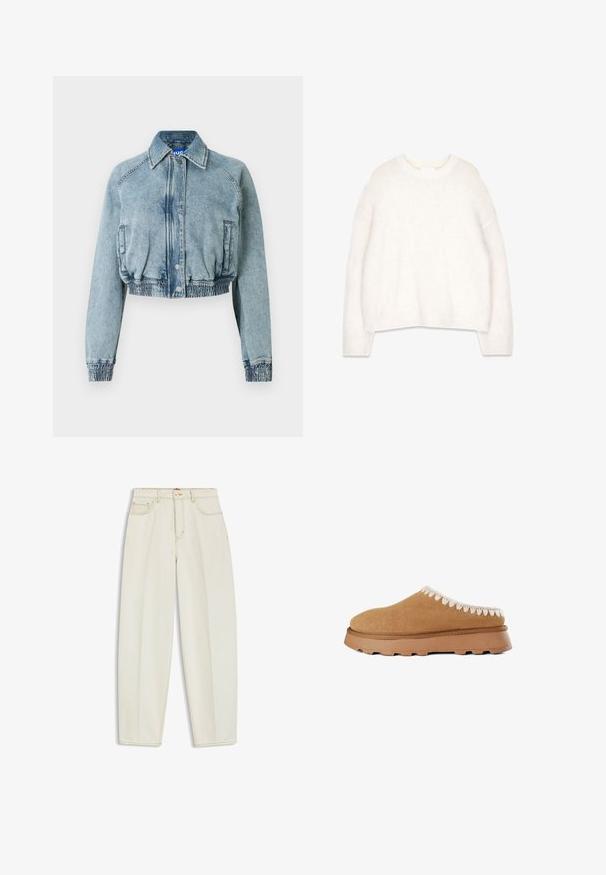 Kort denimjakke i lysvasket blå, med trykknapslukning foran, sidelommer samt elastisk talje og manchetter.; Hvid, fluffy sweater med rund halsudskæring, lange ærmer og en afslappet pasform. Lavet af blød, tekstureret stof med ribstrikkede manchetter og kant.; Beige jeans med høj talje og lige ben, med forlommer og møntlomme, bæltestropper og kontrastsyninger.; Brune ruskind slip-on sko med en tekstureret overdel, der har dekorativ beige syning langs kanten og en tykk gummisål.