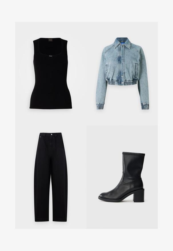 Kurz geschnittene Jeansjacke in hellblauem Used-Look mit Druckknopfverschluss vorne, Seitentaschen sowie elastischem Bund und Ärmelbündchen.; Schwarzes geripptes Tanktop mit quadratischem Ausschnitt, versehen mit einem kleinen Logo-Akzent in der Mitte. Hergestellt aus einem weichen, strukturierten Material.; Schwarze, hoch taillierte, weit geschnittene Hose mit Knopf- und Reißverschluss vorne, seitlichen Taschen und Gürtelschlaufen vor hellem Hintergrund.; Schwarze Leder-Ankle Boots mit runder Zehenform, glatter Oberfläche und dicker Absatz, ausgestattet mit einem eng anliegenden Schaft und subtilen Nähten.