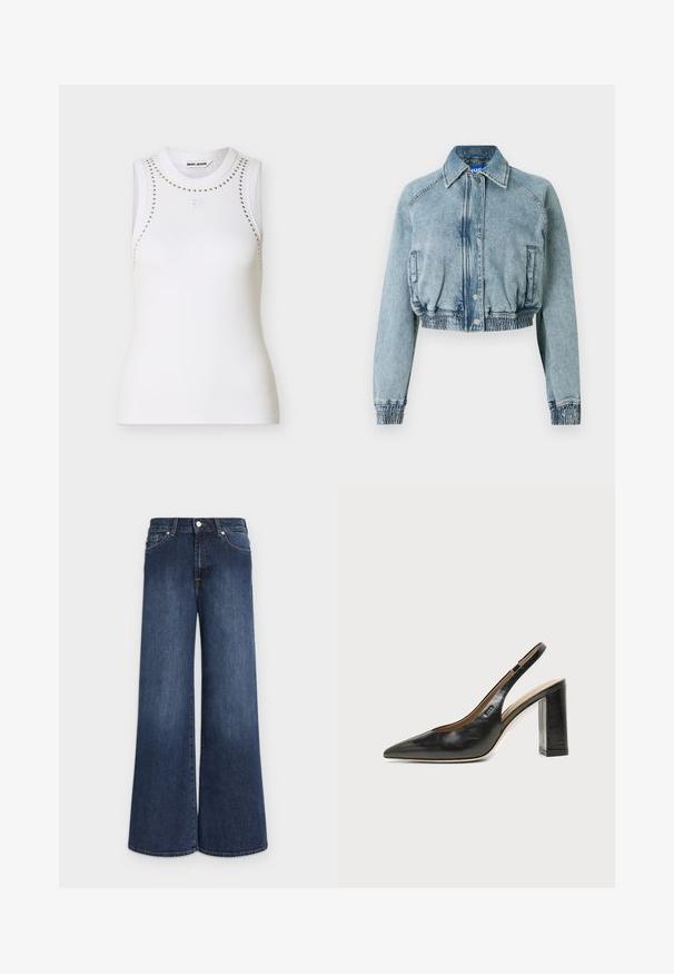 Veste en jean courte bleu clair délavé, dotée d'une fermeture à bouton-pression à l'avant, de poches latérales et d'une taille et des poignets élastiqués.; Débardeur blanc sans manches en maille côtelée avec encolure arrondie, détails cloutés le long des épaules et du haut de la poitrine, avec petit logo DKNY embossé au centre de la poitrine.; Jean bleu foncé à jambes larges, taille haute, fermeture à bouton et zip, poches avant et arrière, posé à plat sur un fond clair.; Chaussure slingback en cuir noir à bout pointu avec un talon bloc haut et une doublure intérieure beige sur un fond clair uni.