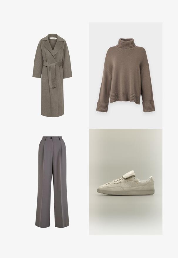 Grå uld omslagsoverfrakke med lange ærmer, spids krave og bælte i taljen. Har en lige skæring og blød tekstur.; Taupe løst fit ribbestrikket sweater med brede manchetter og en tykk rullet høj krave.; Bredbukser i gråt stof med for-pletninger, en enkelt knaplukning og sidelommer. Glat tekstur og skræddersyet design.; Hvid lavtop sneaker med tekstureret sål, snørebånd foran, polstret tunge og subtilt gyldent mærke på siden, vist på neutral baggrund.