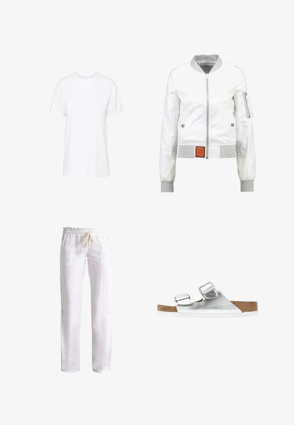 Bombers M1 FEMME - Bomberjacks - white; Witte katoenen T-shirt met korte mouwen, een ronde hals en een relaxte pasvorm, met een gladde textuur en zonder zichtbare patronen.; Witte linnen broeken met een relaxte pasvorm, elastische tailleband en trekkoord. Voorzien van twee zijzakken en een gladde textuur.; Zilveren metallic sandaal met twee verstelbare banden, kurken voetbed en witte zool. Gladde bovenkant met een glanzende afwerking.