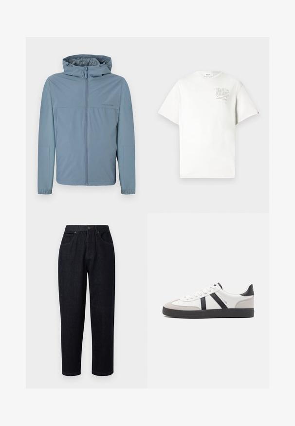 Chaqueta ligera de color azul claro, con cremallera en la parte delantera, capucha y puños elásticos. Textura suave con un diseño limpio y sin logotipos visibles.; Camiseta de algodón blanca con mangas cortas, que presenta un logo impreso en gris en el lado izquierdo del pecho. Cuello redondo, corte relajado y toques mínimos.; Pantalones de mezclilla azul oscuro de corte relajado, con cierre de botón y cremallera, dos bolsillos frontales y detalles de costura.; Zapatilla blanca con acentos en negro y gris, que presenta una puntera texturizada en gris, suela de goma negra y cordones planos blancos. Diseño limpio, estilo minimalista.