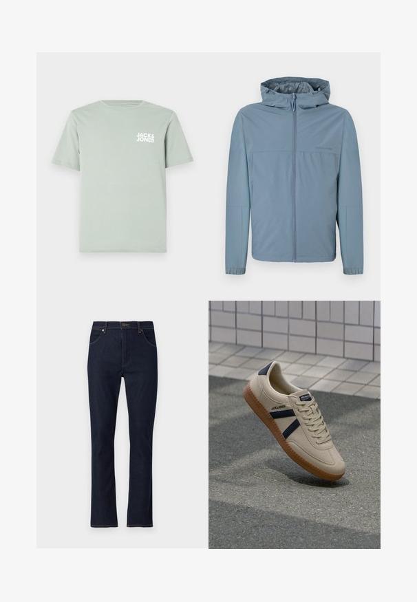 Lichtblauwe, lichte jacket met een ritssluiting aan de voorkant, een capuchon en elastische manchetten. Glad textuur met een strak ontwerp en geen zichtbare logo's.; Lichtgroene katoenen T-shirt met een ronde halslijn en korte mouwen. Voorzien van een wit logo "JACK & JONES" dat op de linkerborst is gedrukt.; Donkerblauwe rechte denim jeans met voorzakken, riemlussen en knoopsluiting.; Beige sneaker met een textuurafwerking, marineblauwe strepen en een rubberen zool. Heeft een gevoerde tong en een traditioneel vetersysteem voor een veilige pasvorm.