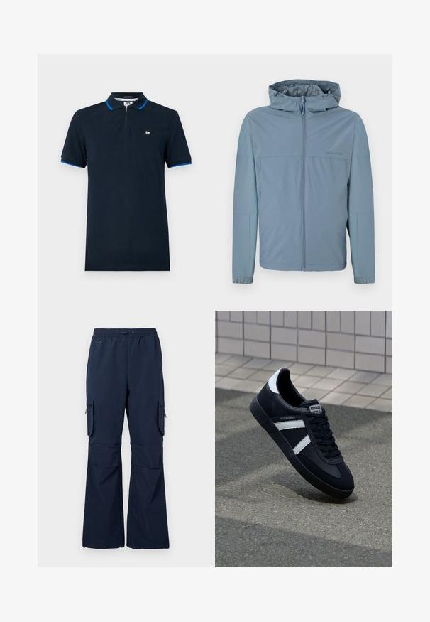 Lichtblauwe, lichte jacket met een ritssluiting aan de voorkant, een capuchon en elastische manchetten. Glad textuur met een strak ontwerp en geen zichtbare logo's.; Marineblauwe polo-shirt van gladde stof, met een ritskraag, korte mouwen met blauwe accenten en een klein logo op de borst.; Marine cargobroek gemaakt van lichtgewicht stof, voorzien van een trekkoord in de taille, twee zijzakken en ritscargozakken op beide benen.; Zwarte leren sneaker met witte strepen, een gestructureerde rubberen zool en vetersluiting aan de voorkant. Voorzien van een merklabel op de tong.