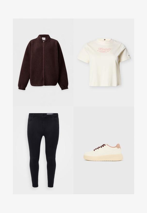 Mørkebrun fleecejakke med fuld lynlås, høj krave og elastiske manchetter, vist på en ensartet lys baggrund.; Cremefarvet kortærmet t-shirt med rund halsudskæring med "Tommy Hilfiger, Co. Los Angeles, CA USA" i rød tekst foran og lille logo på venstre ærme.; Sorte slim-fit jeans lavet af strækbart denim, med en frontlukkedrag og bælteløkker, samt fem lommer med en glat overflade.; Beige lavt skindesko med tyk sål, perforeret tå, lyserød hælkant og mørkebrune snørebånd på ensfarvet lysegrå baggrund.