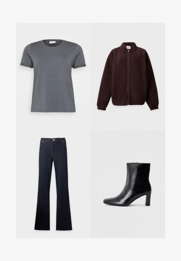 Dunkelbraune Fleecejacke mit durchgehendem Reißverschluss, Stehkragen und elastischen Bündchen, dargestellt auf hellem einfarbigem Hintergrund.; Graues kurzärmliges T-Shirt aus weichem Material mit klassischem Rundhalsausschnitt und aufgerollten Ärmeln. Glatte Textur ohne sichtbare Muster.; Dunkelblaue Jeans aus Denim mit hoher Taille und ausgestellten Beinen, mit Vordertaschen, Knopf- und Reißverschluss.; Schwarze Knöchelstiefel aus glänzendem Leder mit spitzem Zustand und mittelhohem Blockabsatz, mit glatter Textur und einfachem Design.