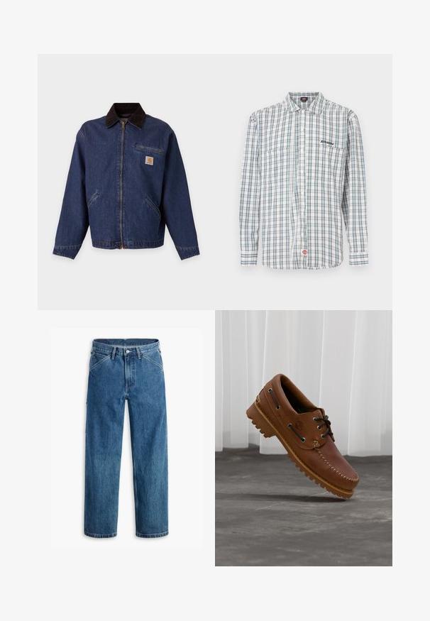 Donkerblauwe spijkerjack met rits aan de voorkant, zwarte kraag, twee zijzakken, ritssluiting borstzakje en een klein bruin-wit Carhartt-logo.; Geruite overhemd met knopen in wit, groen en blauw. Heeft lange mouwen, een kraag, twee borstzakken en een geborduurd logo op de borst.; Blauwe denim jeans met rechte pijpen, voorzakken, riemlussen, metalen knoop en rits aan de voorkant, op een witte achtergrond.; Bruine leren bootschoen met zwarte veters, beige stiksel en een robuuste zool, zwevend boven een grijze betonnen vloer.