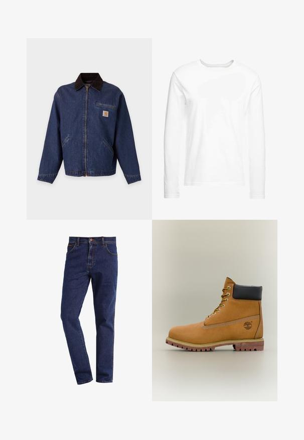 Donkerblauwe spijkerjack met rits aan de voorkant, zwarte kraag, twee zijzakken, ritssluiting borstzakje en een klein bruin-wit Carhartt-logo.; Langsleeve witte t-shirt gemaakt van zachte katoen. Ronde halslijn met rechte zoom en geen zichtbare patronen of graphics.; Donkerblauwe rechte denimjeans met voorzakken, knoopsluiting, riemlussen en zichtbare stiksels.; Bruine leren enkellaars met zwarte kraag, gele veters en een zandkleurige zool. Voorzien van een logo en witte stikseldetails. Robuuste loopzool met grip.