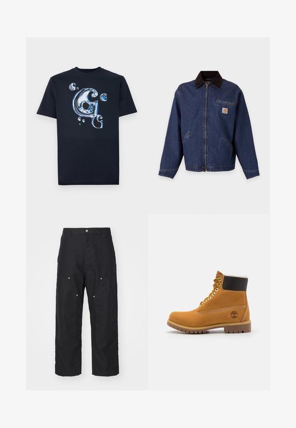 Chaqueta de mezclilla azul oscuro con cremallera frontal, cuello negro, dos bolsillos laterales, bolsillo en el pecho con cremallera y un pequeño parche con el logo de Carhartt en marrón y blanco.; Camiseta de algodón negra con una letra "G" en estilo metálico brillante y burbujas en tonos de azul. Tienes mangas cortas y un ajuste clásico.; Pantalones negros de una tela texturizada, con una cintura alta, corte holgado y bolsillos frontales con herrajes de botón a presión en tono plateado.; Botín de cuero marrón con ojales de metal, forro de piel sintética blanca, cuello acolchado negro, suela resistente y logotipo en relieve en el costado.
