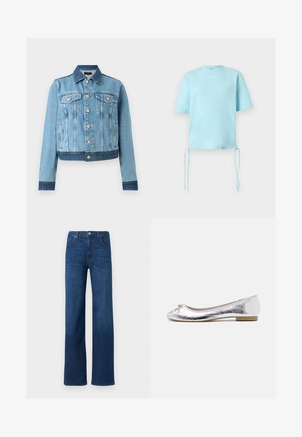 Lyseblå denimjakke med krave, to brystlommer og knaplukning. Har et kort design og mørke denimdetaljer.; Lyseblå kortærmet skjorte med rund hals og justerbare snore, der hænger fra kanten på begge sider.; Blå denimjeans med lige ben, klassisk fem-lomme design og metalknaplukning ved linningen.; Sølv balletflade med metallisk finish, rund tå, sløjfeaccent foran og en lav hæl for ekstra komfort.