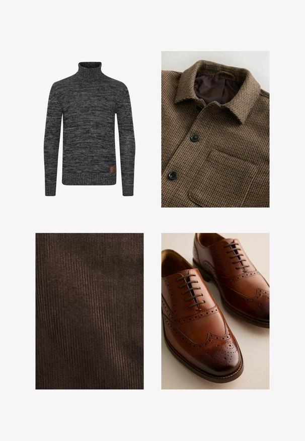 Chaqueta de camisa de patrón marrón con una tela texturada y tejida; presenta un cuello con solapa, botones negros y un bolsillo en el pecho. Forrada en marrón.; Suéter de cuello alto de punto en gris oscuro con un patrón texturizado. Presenta un diseño ajustado y una etiqueta tejida en la parte inferior frontal.; Tejido de pana marrón con costillas verticales, textura suave y un color profundo y rico, adecuado para tapicería o ropa.; Zapatos Oxford de cuero marrón pulido con detalles de picado y cordones cerrados sobre una superficie clara, mostrados en vistas frontal y lateral.