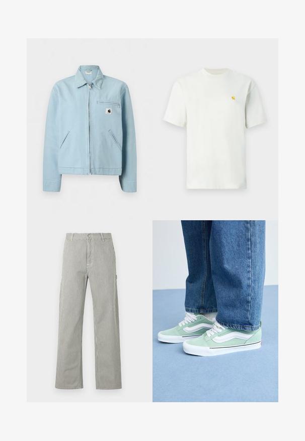 Veste à fermeture éclair bleu clair avec col, deux poches latérales et une poche poitrine zippée ornée d'un petit patch logo noir et blanc.; T-shirt blanc à manches courtes et col rond avec un petit logo jaune sur le côté gauche de la poitrine, présenté sur un fond uni.; Pantalon droit pour homme avec fines rayures verticales noires et blanches, fermeture boutonnée, passants pour ceinture et poches latérales.; Personne portant des sneakers vert clair et blancs avec des lacets blancs et un jean bleu, se tenant sur un sol bleu clair.