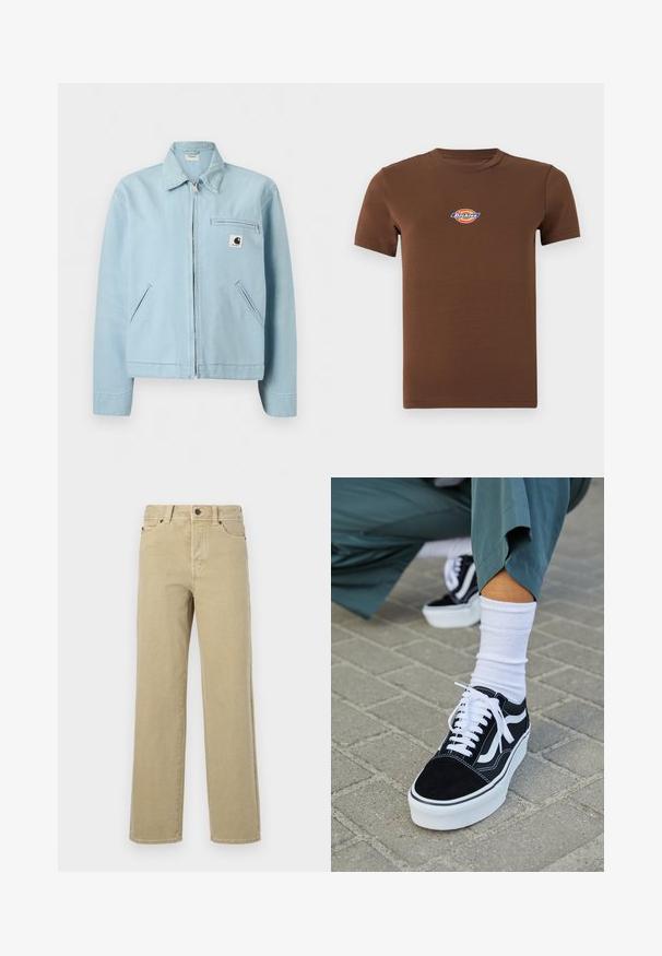 Veste à fermeture éclair bleu clair avec col, deux poches latérales et une poche poitrine zippée ornée d'un petit patch logo noir et blanc.; T-shirt marron à manches courtes avec un col rond et un petit logo Dickies multicolore centré sur la poitrine.; Jean beige à jambes larges en coton doux avec un design classique à cinq poches, braguette à boutons et coutures visibles le long des coutures et des ourlets.; Baskets en suède noir avec des accents et des lacets blancs, présentant une épaisse semelle blanche et des coutures contrastantes, associées à une chaussette blanche.