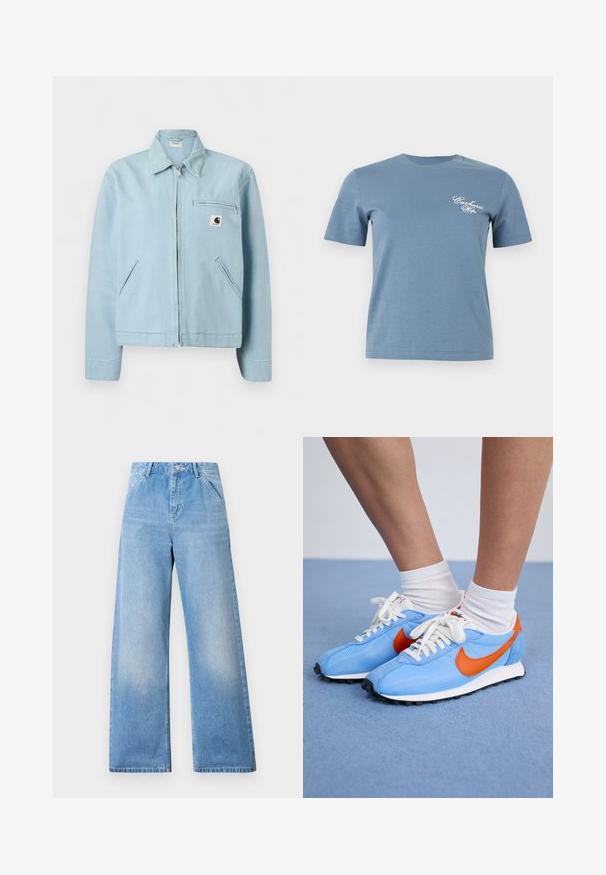 Svetlomodrá bunda na zips s golierom, dvoma bočnými vreckami a vreckom na hrudi so zipsom, na ktorom je malá čierno-biela nášivka s logom.; Modré tričko s krátkym rukávom a okrúhlym výstrihom s bielym nápisom "Carhartt Wip" na ľavej strane hrude.; Svetlomodré denimové nohavice s širokými nohavicami a vysokým pásom, s dvoma prednými vreckami a zapínaním na gombík. Čistý vzhľad s minimálnym vyblednutím.; Modré sieťované a semišové tenisky s oranžovými akcentmi a bielymi šnúrkami. Čierna gumová podrážka. Nosené s bielymi ponožkami do polovice lýtok na modrom povrchu.