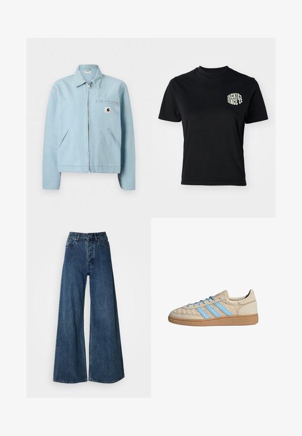 Lyseblå lynlåstrøje med krave, to sidelommer og en lynlåslomme på brystet med en lille sort og hvid logo-patch.; Sort bomulds t-shirt med rund hals og korte ærmer; har et lys grønt grafik "DICKIES SINCE '22" på venstre brystområde.; Bredde bukser i denim i mørkeblå, med høj talje, fem-lomme design og kontrasterende syninger. Klassisk, holdbart stof.; Beige sneakers med en tekstureret strik-overdel, lyseblå striber og brun gummisål. Har runde snørebånd og logodetalje på siden.