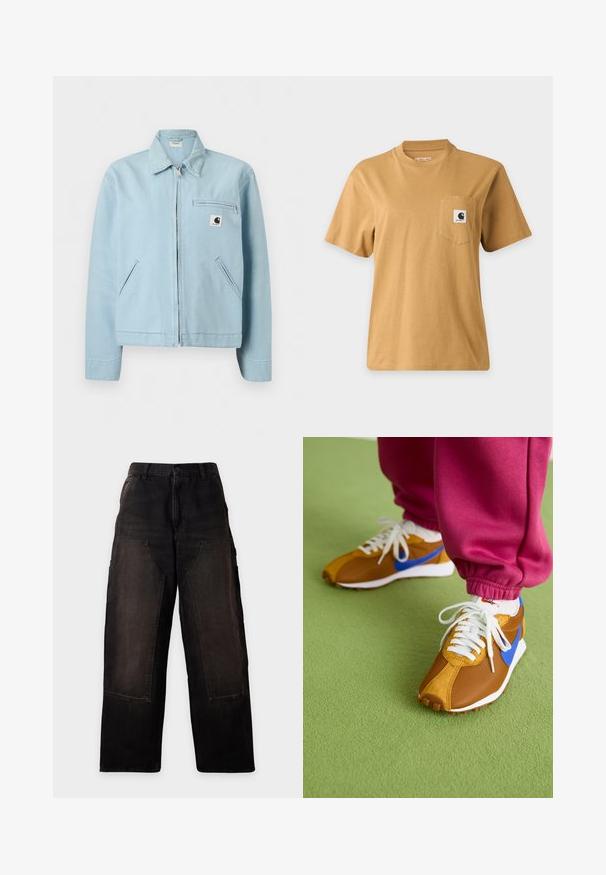 Lyseblå lynlåstrøje med krave, to sidelommer og en lynlåslomme på brystet med en lille sort og hvid logo-patch.; Enkelt brun kortærmet t-shirt med en brystlomme med en firkantet mærkelogo-patch, vist på en ensartet lys baggrund.; Sorte bukser med vide ben, store forlommer og bæltestropper, vist mod en ensartet lys baggrund.; Brune og blå sneakers med en blanding af mesh og ruskindsmaterialer, prydet med hvide snørebånd og en tekstureret brun sål, placeret på grønne gulve.