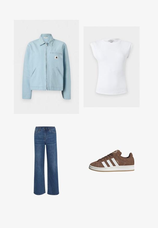 Lichtblauw jack met rits en kraag, twee zijzakken en een borstzak met rits voorzien van een klein zwart-wit logo.; Witte geribbelde mouwloze top met gewatteerde schouders en een ronde hals, maat small, merklabel Topshop binnen in de kraag.; Wijduitlopende jeans van middelblauwe denim. Voorzien van een knoop- en ritssluiting, vijf zakken en subtiele vervaging op de stof.; Bruine suède sneaker met witte leren strepen, rubberen zool, ronde neus en vetersluiting. Kenmerkt zich door een logo op de tong en geperforeerde accenten.