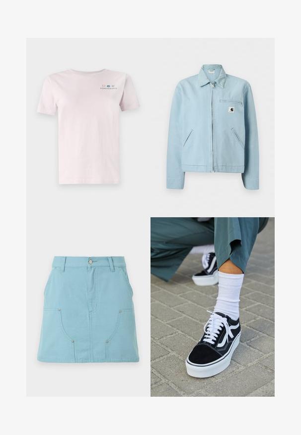 Svetlomodrá bunda na zips s golierom, dvoma bočnými vreckami a vreckom na hrudi so zipsom, na ktorom je malá čierno-biela nášivka s logom.; Svetloružové bavlnené tričko s krátkymi rukávmi a okrúhlym výstrihom, s farebným logom "Converse" na hrudi.; Svetlomodrá sukňa do A s prednými vreckami, pútkami na opasok a zapínaním na gombík v páse, zobrazená na bielom pozadí.; Čierne semišové tenisky s bielymi akcentmi a šnúrkami, s hrubou bielou podrážkou a kontrastným prešívaním, doplnené o bielu ponožku.