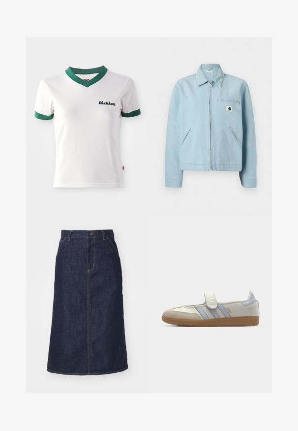 Lichtblauw jack met rits en kraag, twee zijzakken en een borstzak met rits voorzien van een klein zwart-wit logo.; Witte T-shirt met korte mouwen en groene V-hals en mouwafwerking; voorzien van het "Dickies" logo in donkergroen op de linkerkant van de borst. Gladde katoenen textuur.; Donkere spijkerrok met een hoge taille, recht gesneden, voorzakken en gestikte naden. Voorzien van een rits en knoopsluiting op de taille.; adidas Originals SAMBA JANE BALLERINA - Ballerina's met enkelbandjes - cloud white/halo blue