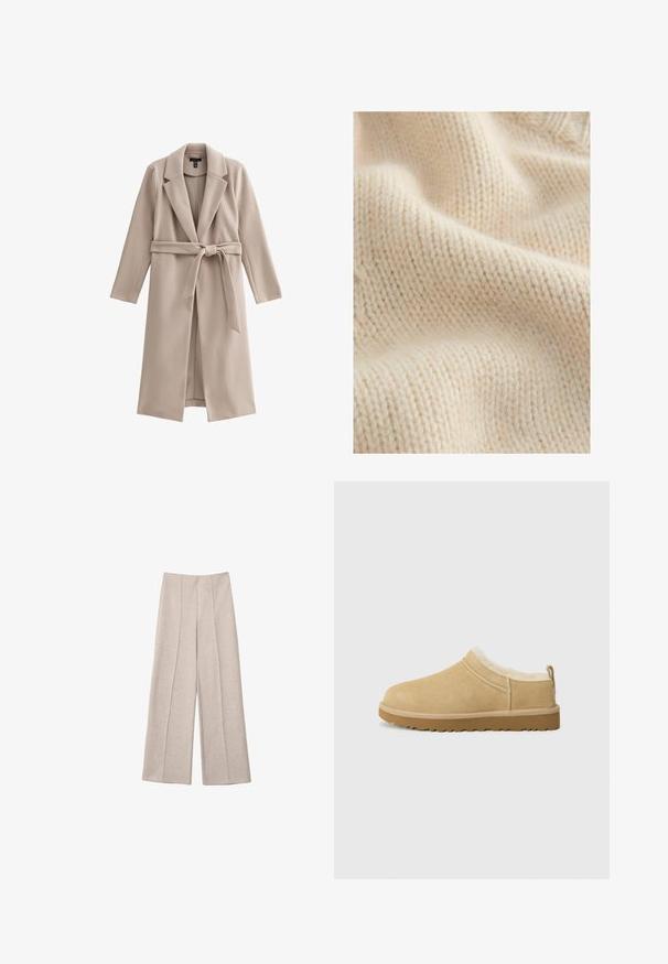 Manteau long beige en matière douce, avec des revers crantés, un devant ouvert et une ceinture nouée à la taille. Tissu lisse et sans texture.; Tissu tricoté de couleur crème montrant une surface texturée et douce avec un motif de couture visible et de légères variations d'épaisseur.; Pantalons larges beiges en tissu doux, avec des plis avant marqués et une taille haute cintrée, sans poches visibles.; Chaussure en daim à enfiler de couleur beige clair, dotée d'une douce doublure en fourrure et d'une semelle en caoutchouc texturé avec un léger talon et une sangle à l'arrière pour un enfilage facile.