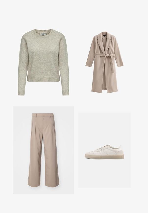 Abrigo largo beige hecho de un material suave, con solapas en pico, abertura frontal y un cinturón atado en la cintura. Tejido liso y sin textura.; Suéter de mujer en color beige claro, hecho de una suave tela de punto, que presenta un cuello redondo y puños y dobladillo de canalé. Diseño clásico de corte recto.; Pantalones beige de pierna ancha con plisados, hechos de una tela suave. Presentan una cintura de altura media y una silueta limpia y ajustada.; Zapatillas deportivas de ante beige con perfil bajo, que presentan una parte superior texturizada, costuras tonales y una suela de goma ligera. Cordones completan el diseño.
