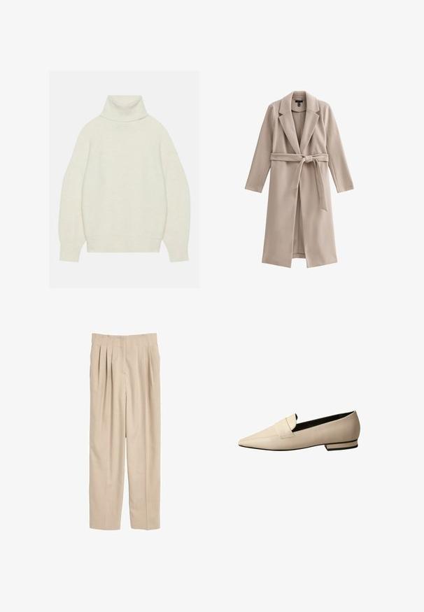 Beige lange jas gemaakt van zachte stof, met een uitsnijding in de kraag, open voorkant en een strikceintuur. Gladde, niet-getextureerde stof.; Romper met col in crèmekleur, gemaakt van zacht breimateriaal. Beschikt over een ontspannen pasvorm, raglanmouwen en geribde manchetten en zoom.; Beige geplooide broek met een getailleerde pasvorm, gemaakt van een gladde stof, met een klassieke tailleband en rechte pijpen.; Beige leren loafers met een spitse neus, voorzien van een brede band over de wreef en een lage gestapelde hak met een zwarte accent.