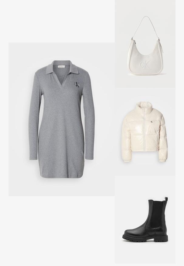 Afklippet pufferjakke i skinnende off-white materiale, med høj krave, frontlynlås og et lille sort logo på venstre bryst.; Grå langærmet polo kjole lavet af blødt materiale, med en V-halskrave og et lille broderet logo på venstre bryst.; Svarte læder ankelstøvler med elastiske sidepaneler, en rund tå og en robust sål med udtalte skridsikre riller.; Hvid skuldertaske i læder med lynlås, buet form og forhøjet CK-logo prægget på forsiden.
