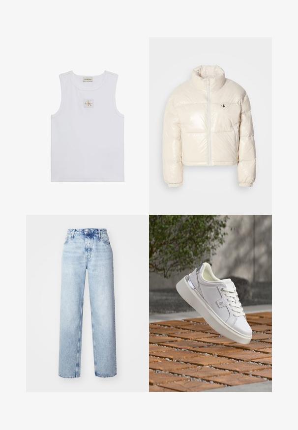 Veste en duvet cintrée en matériau blanc cassé brillant, dotée d'un col haut, d'une fermeture éclair à l'avant et d'un petit logo noir sur la poitrine gauche.; Débardeur blanc sans manches avec étiquette Calvin Klein Jeans sur la poitrine et une étiquette près de l'encolure sur fond blanc uni.; Jeans taille haute bleu clair avec une coupe ample, mettant en avant des jambes droites, cinq poches et une fermeture classique à boutons et zip.; Baskets blanches avec détail argenté au talon et semelle épaisse semblent suspendues au-dessus d'une surface carrelée extérieure, avec de la verdure floue en arrière-plan.