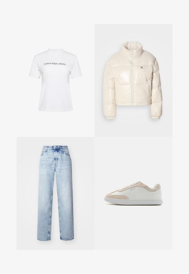 Afklippet pufferjakke i skinnende off-white materiale, med høj krave, frontlynlås og et lille sort logo på venstre bryst.; Hvid bomulds-T-shirt med rund hals og korte ærmer, med teksten "Calvin Klein Jeans" i sort tryk på tværs af brystet.; Lyseblå højtaljede jeans med løs pasform, der har lige ben, fem lommer og en klassisk knap- og lynlåslukning.; Hvide lædersneakers med beige ruskindsdetaljer og hvide snøringer. Har en rund tå og en polstret sål for komfort.