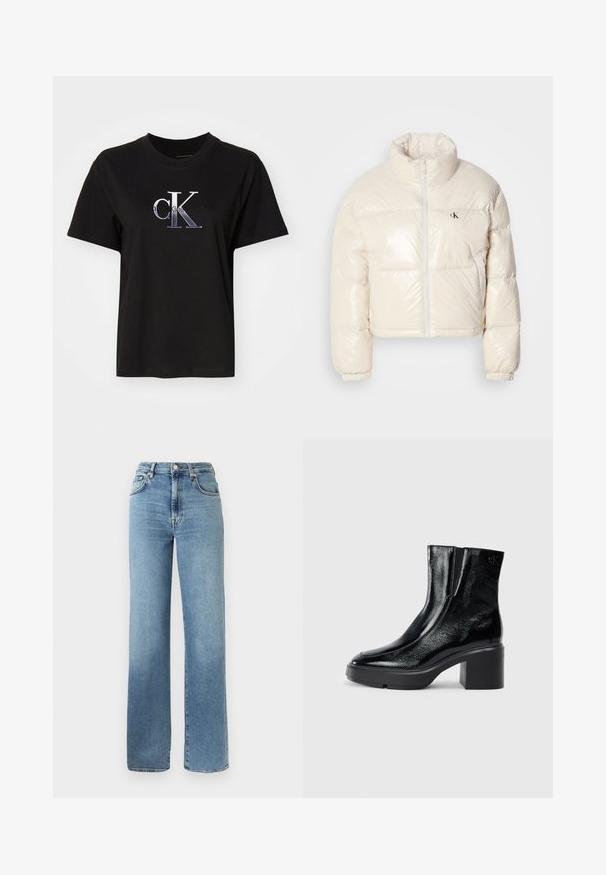Afklippet pufferjakke i skinnende off-white materiale, med høj krave, frontlynlås og et lille sort logo på venstre bryst.; Sort bomulds T-shirt med rund hals. Har et sølv broderet "cK" logo og teksten "Calvin Klein Jeans" under logoet. Korte ærmer.; Lyseblå denimjeans med høj talje, vide ben, fem lommer og klassisk knaplukning. Glat tekstur med subtilt falmet udseende.; Sorte patenterede læderankelstøvler med en buet tå, elastiske sidepaneler og en kraftig blokhæl. Har et præget logo på bagsiden.