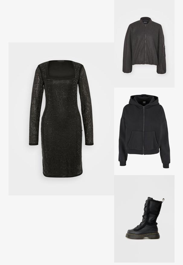 Tmavošedá bomber bunda so zipsom vpredu, rebrovaným golierom a elastickým pásom. Obsahuje oversized rukávy a zipsovú kapsu na ľavom ramene.; Čierna mikina na zips s kapucňou so šnúrkou, dvoma prednými vreckami, rebrovanými manžetami a mäkkou textúrou, navrhnutá pre pohodlie a teplo.; Čierne šaty s dlhými rukávmi a štvorcovým výstrihom, ozdobené kovovými hrotmi usporiadanými do mriežky na textúrovanej látke.; Čierne kožené čižmy z umelej kože s kožušinovými akcentmi, s robustnou podrážkou a žltým prešitím. Šnurovací predok a pútko na zadnej strane pre jednoduché obúvanie.