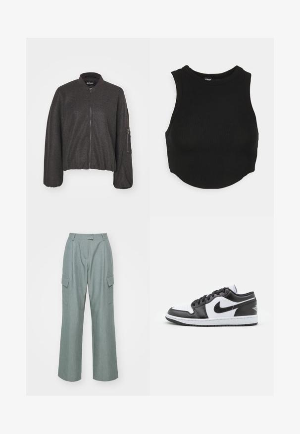 Tmavošedá bomber bunda so zipsom vpredu, rebrovaným golierom a elastickým pásom. Obsahuje oversized rukávy a zipsovú kapsu na ľavom ramene.; Čierny pletený cropped top s vysokým výstrihom a bezrukávovým dizajnom. Mäkká textúra, priliehavý tvar a mierne zakrivený spodný lem.; Svetlozelené široké nohavice cargo majú dve bočné vrecká, plochý predný diel a hladkú textúru, sú navrhnuté pre voľný strih.; Čierno-biele nízke tenisky Nike majú hladký kožený zvršok, okrúlu špičku, šnurovacie zapínanie a vzorovanú gumovú podrážku.