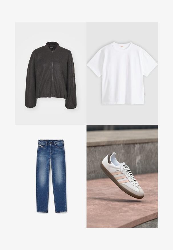 Veste bomber gris foncé avec une fermeture éclair à l'avant, un col pressionné et une taille élastiquée. Présente des manches surdimensionnées et une poche zippée sur le bras gauche.; T-shirt en coton blanc à manches courtes, col rond, coupe décontractée, texture lisse, avec une petite étiquette logo sur la couture latérale gauche.; Jean en denim bleu moyen avec une finition délavée. Comprend cinq poches, des passants de ceinture et une coupe droite. Les accents de broderie sont visibles.; Baskets Adidas Samba blanches et beiges avec semelle en gomme flottant au-dessus d'une surface en pierre rosée et d'un fond en pierre grise.