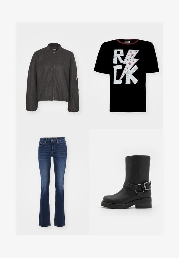 Veste bomber gris foncé avec une fermeture éclair à l'avant, un col pressionné et une taille élastiquée. Présente des manches surdimensionnées et une poche zippée sur le bras gauche.; T-shirt noir avec un design d'éclair blanc et rouge portant le texte "ROCK", orné d'étoiles rouges. Col rond avec bordure contrastante.; Jeans évasés bleu marine en denim, avec un design classique à cinq poches, fermeture éclair à l'avant et bouton. Texture lisse et taille mi-haute.; Botte cheville en cuir noir avec un bout rond, un talon épais et une sangle décorative à boucle autour de la cheville. Fini texturé.