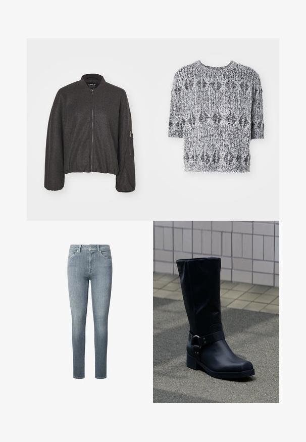 Tmavošedá bomber bunda so zipsom vpredu, rebrovaným golierom a elastickým pásom. Obsahuje oversized rukávy a zipsovú kapsu na ľavom ramene.; Krátky rukáv, pletený sveter v čiernej a bielej farbe. Má textúrovaný vzor, okrúhly výstrih a mierne voľný strih.; Slim-fit džínsy vyrobené z mäkkého, svetlomodrého denimu. Obsahujú päť vreciek, zips na prednej strane a pútka na opasok, s hladkou textúrou a minimálnym vyblednutím.; Čierna kožená topánka po lýtko s nízkym blokovým podpätkom a dekoratívnym remienkom s kovovou prackou okolo členka, na dlaždenom chodníku.