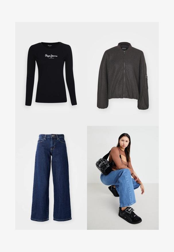 Tmavošedá bomber bunda so zipsom vpredu, rebrovaným golierom a elastickým pásom. Obsahuje oversized rukávy a zipsovú kapsu na ľavom ramene.; Čierne tričko s dlhým rukávom vyrobené z bavlny, s okrúhlym výstrihom a bielym logom "Pepe Jeans LONDON" v strede.; Tmavomodré široké džínsy vyrobené z denimu, s uzáverom na gombík a zips, pútkami na opasok a klasickým dizajnom s piatimi vreckami.; Čierna crossbody taška s viacerými zipsovými vreckami, hnedý dlhý rukáv s výrezovým dizajnom a modré široké džínsy s rozstrapkanými lemami.