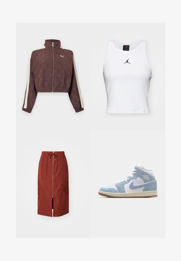 Bruin afgeknipt Puma-jas met witte zijstrepen, een voorrits, elastische manchetten en zoom, en een hoge kraag.; Witte crop tanktop van katoen met een ribbeltextuur. Beschikt over een zwart Jordan-logo in het midden en een klassieke ronde hals.; Mid-length rok in terracotta rood, met een rits aan de voorkant, een elastische tailleband met trekkoord en zijzakken met een geometrisch ontwerp.; Jordan AIR JORDAN 1 MID SE - Sneakers hoog - white/worn blue/sail/light brown