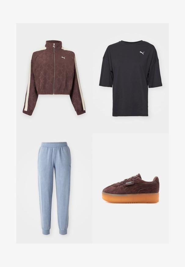 Braune kurze Puma-Jacke mit weißen Seitenstreifen, einem vorderen Reißverschluss, elastischen Bündchen und Saum sowie einem hohen Kragen.; Schwarz oversize T-Shirt aus Baumwolle mit kurzen Ärmeln und rundem Halsausschnitt, mit einem weißen Puma-Logo auf der linken Brust.; Blaue Jogginghose aus weichem Stoff mit elastischem Bund und Bündchen; verfügt über eine dezente Textur und ein kleines Logo auf einer Seite.; Brauner Wildleder-Sneaker Puma Palermo mit dicker, durchsichtiger oranger Sohle und aufgenähtem Logotag an der Seite.