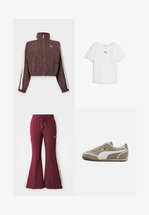 Chaqueta marrón corta de Puma con rayas blancas laterales, cremallera frontal, puños y dobladillo elásticos, y cuello alto.; Camiseta blanca acanalada de manga corta con escote redondo y un pequeño logo negro de Puma en el centro del pecho.; Pantalones acampanados en color burdeos con franjas blancas laterales, cintura con cordón y logotipo dorado. Tejido suave con un acabado texturizado y piernas ajustadas.; Zapatillas de ante verde con acentos de cuero blanco, costuras texturizadas, parte frontal con cordones y suela de goma. Presenta detalles de diseño únicos a lo largo de los lados.