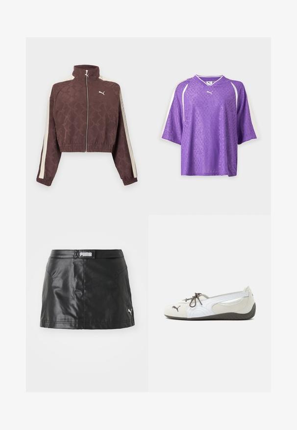 Veste courte marron Puma avec des bandes blanches sur les côtés, une fermeture éclair à l'avant, des poignets et un ourlet élastiques, ainsi qu'un col montant.; T-shirt de sport à manches courtes Purple Puma violet avec un motif floral subtil et des bandes blanches sur les manches sur fond uni.; Jupe en faux cuir noir avec une texture lisse, arborant un logo PUMA à la taille et un petit logo sur l'ourlet.; Baskets blanches et grises à enfiler avec des lacets marron, logo Puma sur l'avant et semelle foncée texturée, montrées de profil sur fond blanc.