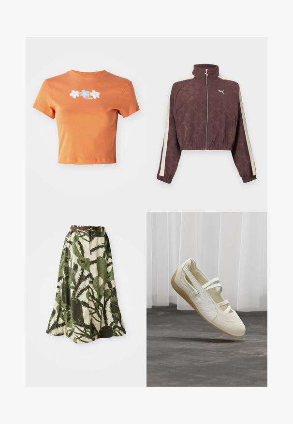 Bruin afgeknipt Puma-jas met witte zijstrepen, een voorrits, elastische manchetten en zoom, en een hoge kraag.; Korte, gecropte oranje t-shirt van katoen met korte mouwen, voorzien van witte en lichtblauwe geborduurde bloemen over de voorkant.; Lange rok met een cactusprint in groen en crème tinten, met een aansluitende taille en een bruine riem voor sluiting.; Off-white Mary Jane stijl schoen met drie bandjes, getextureerde zijkanten en een lichtbruine flexibele zool zwevend boven een grijze vloer.