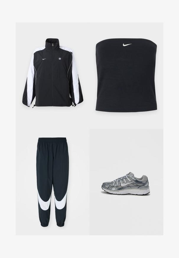 Schwarz-weiße Nike Sportjacke mit durchgehendem Frontreißverschluss, hohem Kragen, Logo auf der linken Brust und Streifen an den Ärmeln.; Schwarzes, trägerloses Nike Tube-Top mit weißem Swoosh-Logo, mittig nahe dem oberen Rand, einfarbiger Hintergrund.; Schwarze Jogginghose mit weißen, gewölbten Einsätzen, elastischem Bund und gerafften Säumen, aus leichtem Stoff und mit lockerer Passform.; Grauer Sportschuh mit Mesh-Obermaterial, metallischen Akzenten und weißer Sohle. Verfügt über ein Schnürsystem und strukturierte Details für besseren Halt.