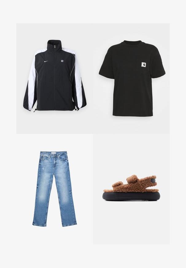 Zwart-witte Nike sportjas met volledige ritssluiting aan de voorkant, hoge kraag, en logo op de linkerborst en strepen op de mouwen.; Zwarte katoenen T-shirt met korte mouwen, ronde hals en een voorzak met een vierkant logo in wit en zwart.; Lichtblauwe denim jeans, recht model, vervaagde gebieden en subtiele slijtage. Voorzien van vijf zakken en een klassieke knoopsluiting.; Bruine pluizige sandalen met twee verstelbare banden en dikke zwarte gewatteerde zool, vanaf de zijkant weergegeven tegen een effen achtergrond.