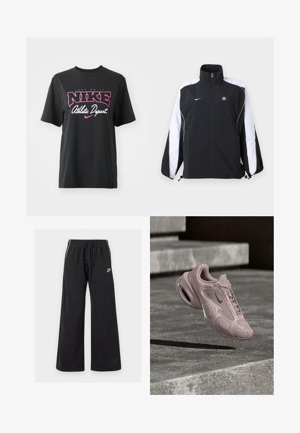 Sort og hvid Nike sportsjakke med fuld lynlås foran, høj krave og logo på venstre bryst samt striber på ærmerne.; Sort bomulds T-shirt med grafisk print i pink og hvid med teksten "JUST DO IT," "NIKE," og "Athletic Depart." Standard pasform.; Sorte sweatpants lavet af blødt stof, med en elastisk talje og snøre, sidestriber og et lille logo på venstre front.; Nike-sneaker i lyserød med øvre del af mesh, rundet sål og synlig polstring. Glat tekstur med præget detaljer.