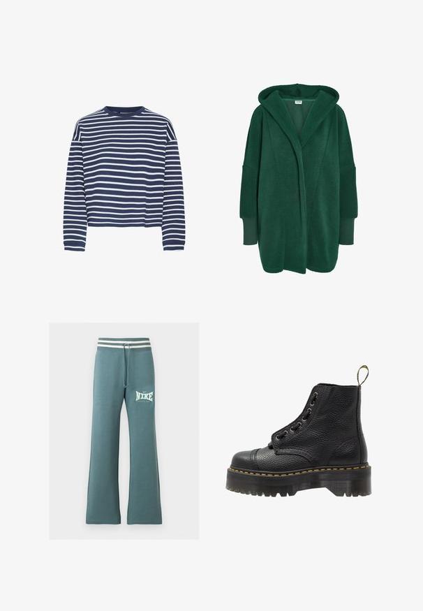 Groene fleece cardigan met een capuchon, oversized pasvorm, gestructureerd oppervlak en lange mouwen met contrasterende manchetten.; Donkerblauwe langwerpige top met witte horizontale strepen, ronde hals en cropped zoom. De stof lijkt zacht met een textuur afwerking.; Teal wijde joggingbroek met witte gestreepte tailleband, vooraan een trekkoord en een witte Nike-logo met de tekst "Athletic Dept." op de linker dij.; Zwarte leren enkelboot met een gestructureerd oppervlak, ronde neus, vetersluiting, gele stiksels en een dikke, geribbelde zwarte plateauzool.
